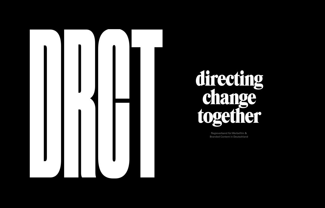Black background with large white text saying 'DRCT' and smaller white text saying 'directing change together'.