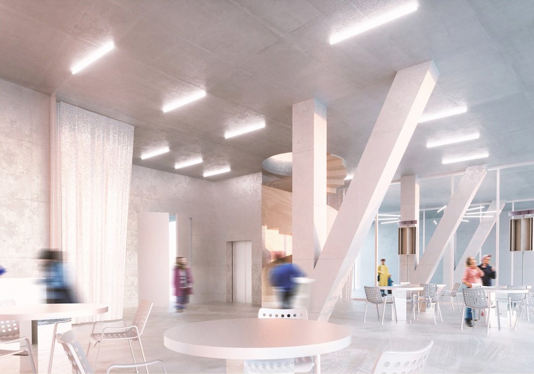 Modern interior space with large white tables and chairs, tall angular columns, a spiral staircase in the background, and people walking around.